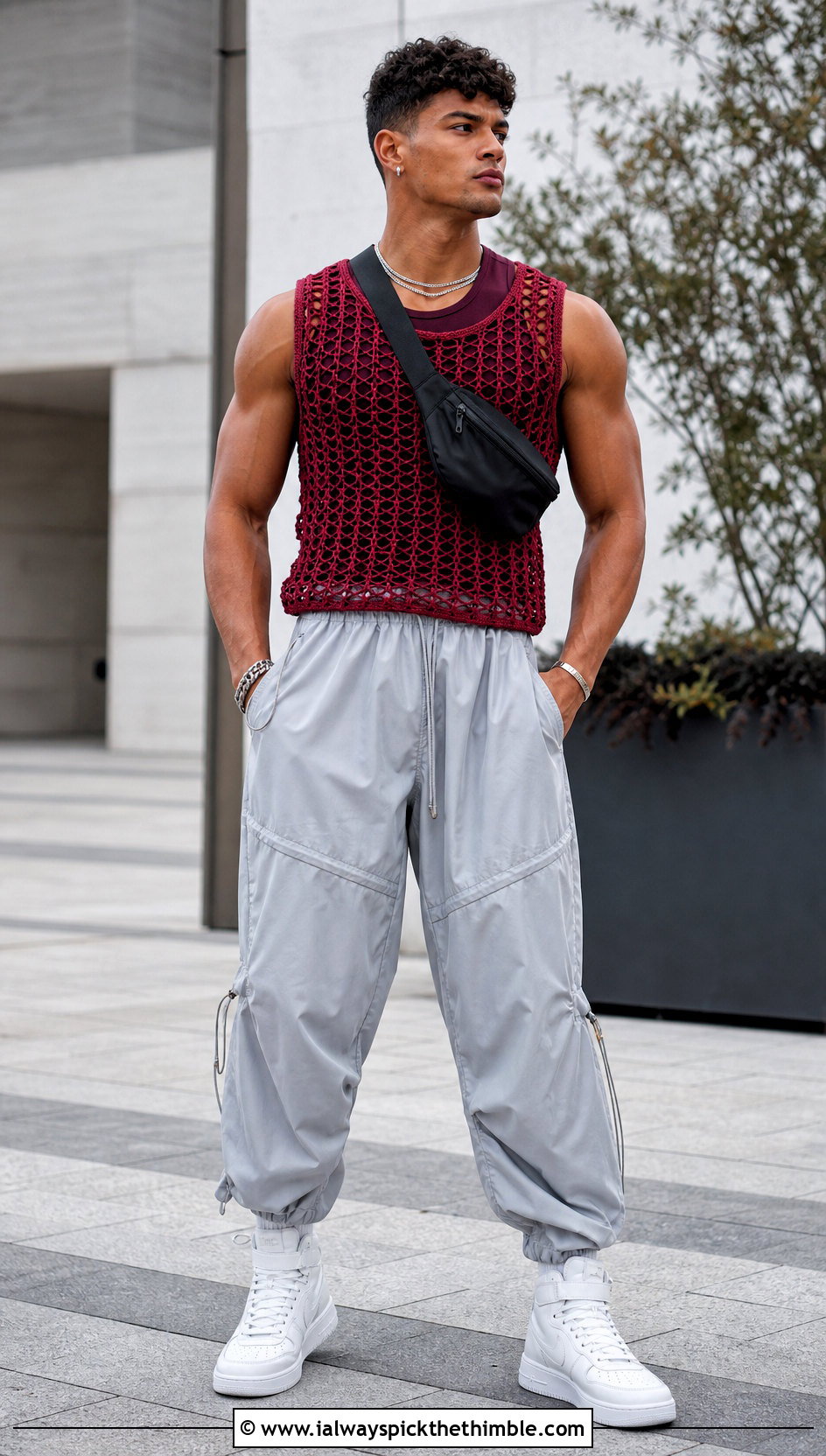 Sleeveless Mesh Crochet Top With Parachute Pants - 25 Mens Crochet Top outfit ideas