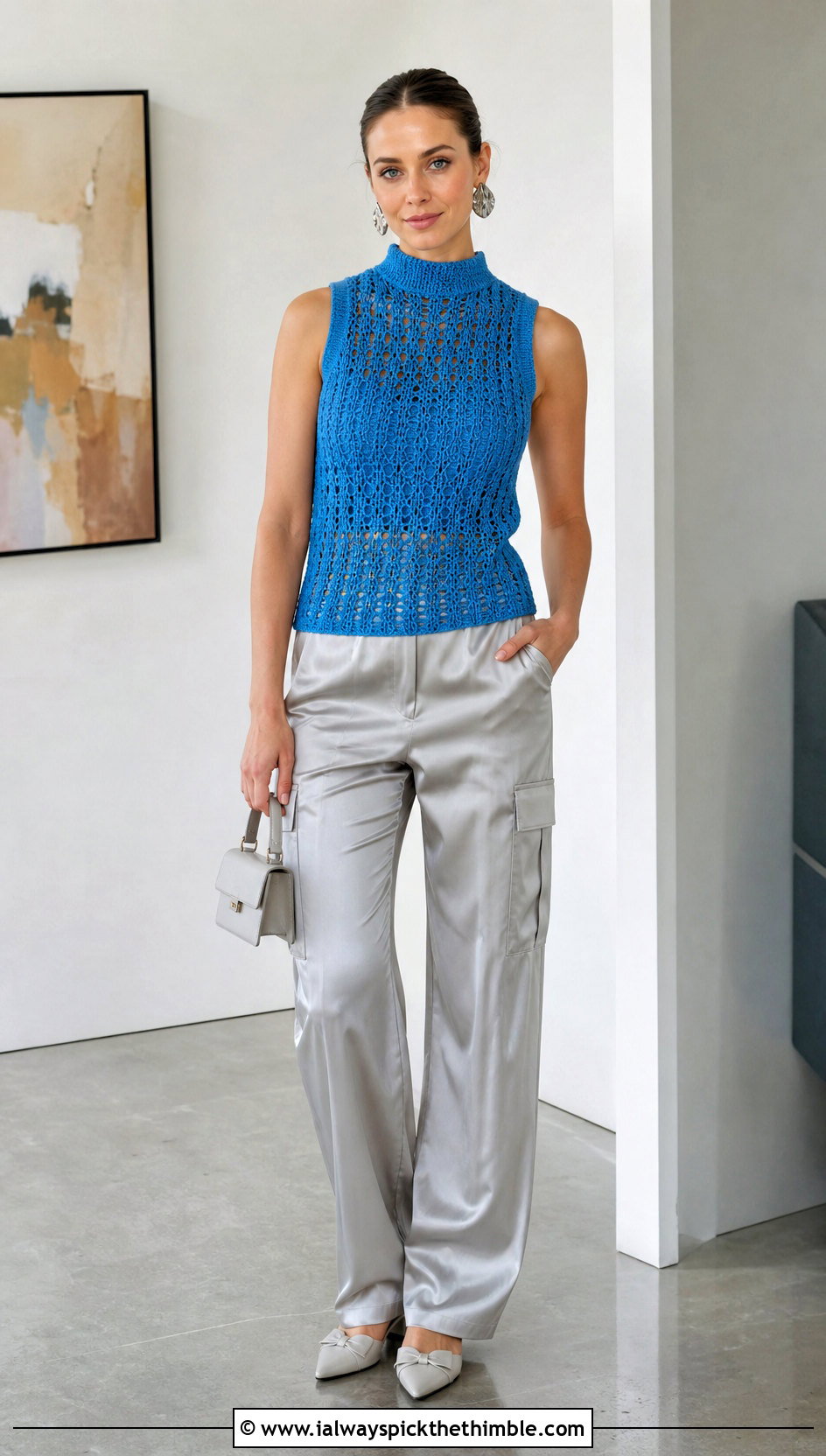 Sleeveless Mock Neck Crochet Sweater With Satin Cargo Pants - 25 summer crochet sweater outfit ideas