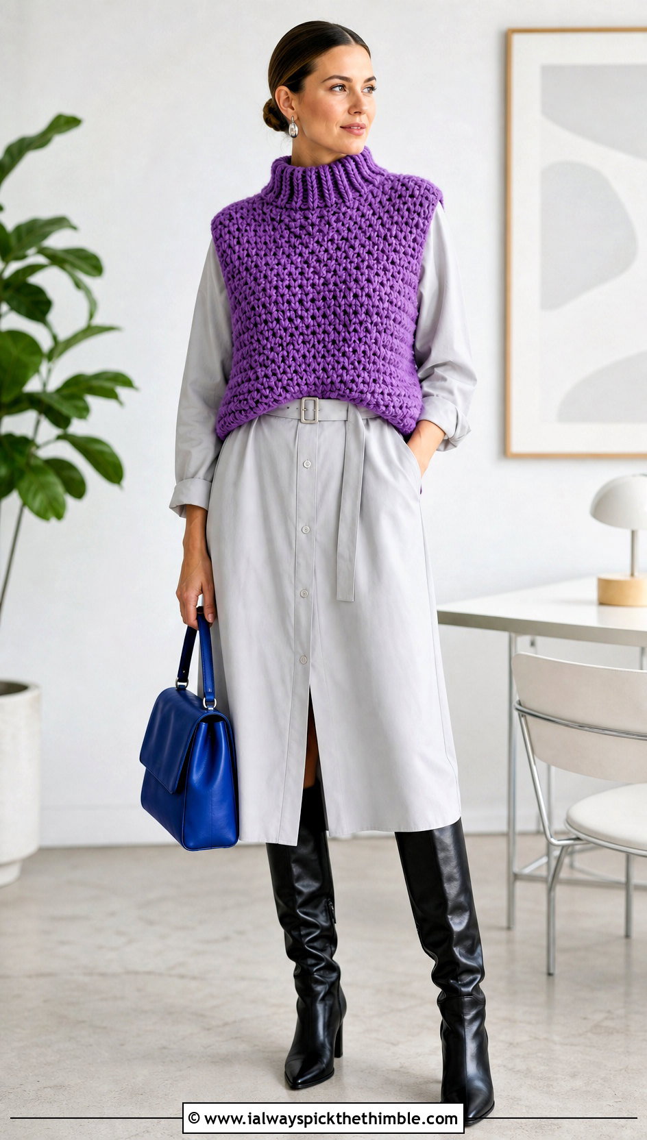 Sleeveless Mock Neck Super Bulky Crochet Sweater With Shirtdress - 20 Super Bulky Crochet Sweater outfit ideas