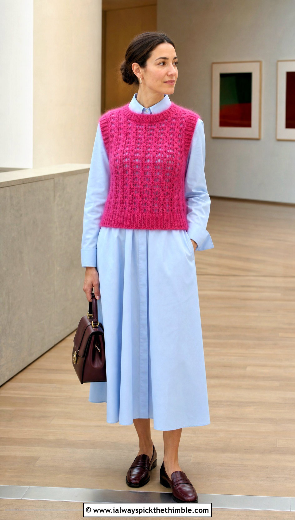 Sleeveless Mohair Crochet Sweater Vest With Poplin Dress - 25 mohair crochet sweater outfit ideas