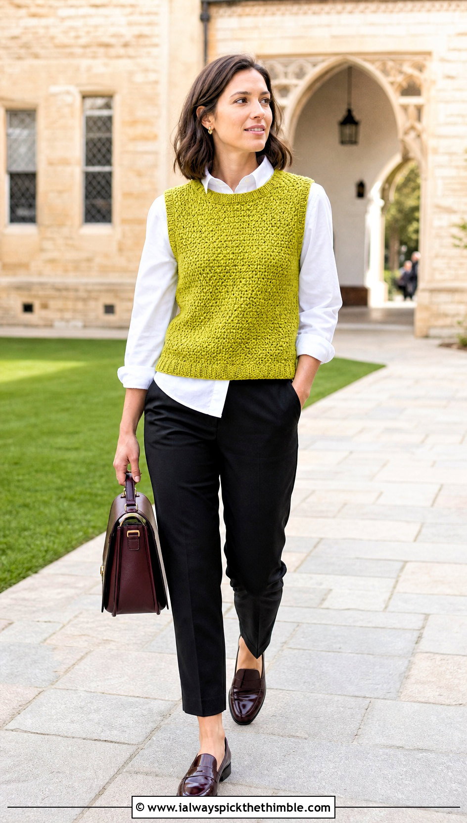 Sleeveless Moss Stitch Crochet Sweater With Poplin Shirt - 20 Moss Stitch Crochet Sweater outfit ideas