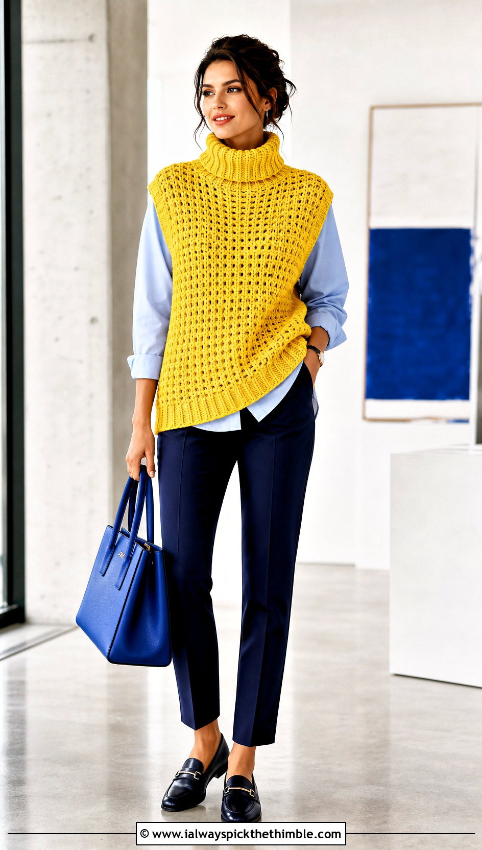 Sleeveless Oversized Turtleneck Crochet Sweater With Button Down Shirt - 15 oversized turtleneck crochet sweater outfit ideas