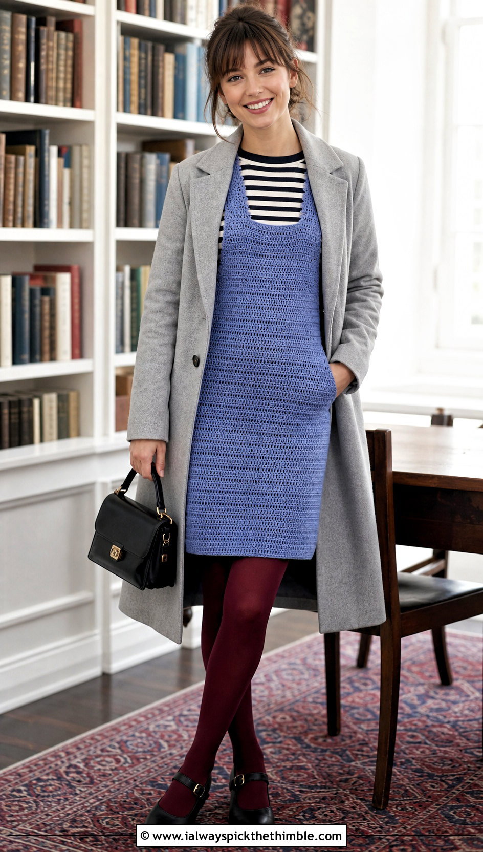 Sleeveless Pinafore Crochet Winter Dress With Striped Sweater - 25 crochet winter dress outfit ideas