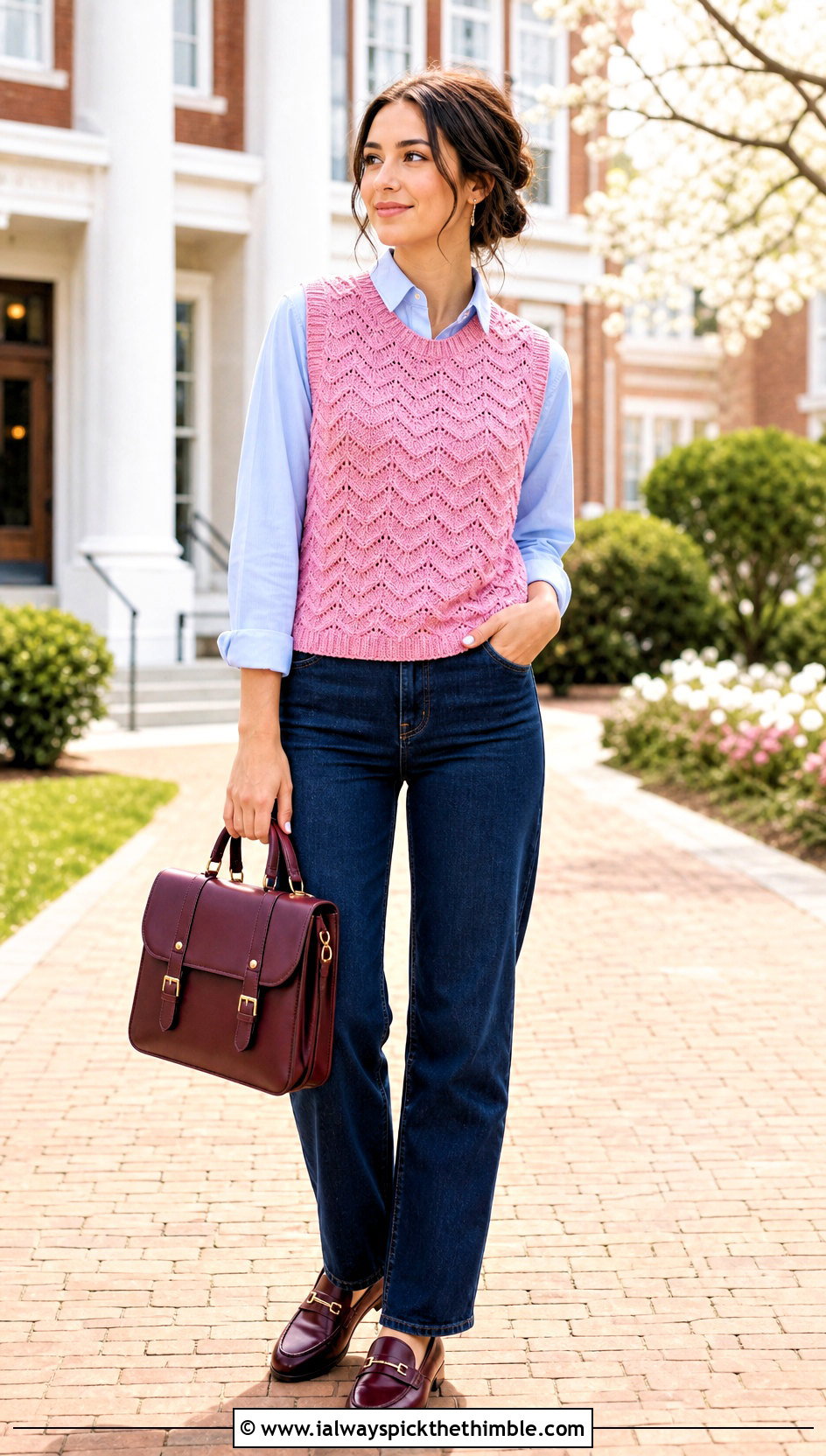 Sleeveless Ripple Sweater Vest With Button Down Shirt - 20 crochet ripple sweater outfit ideas