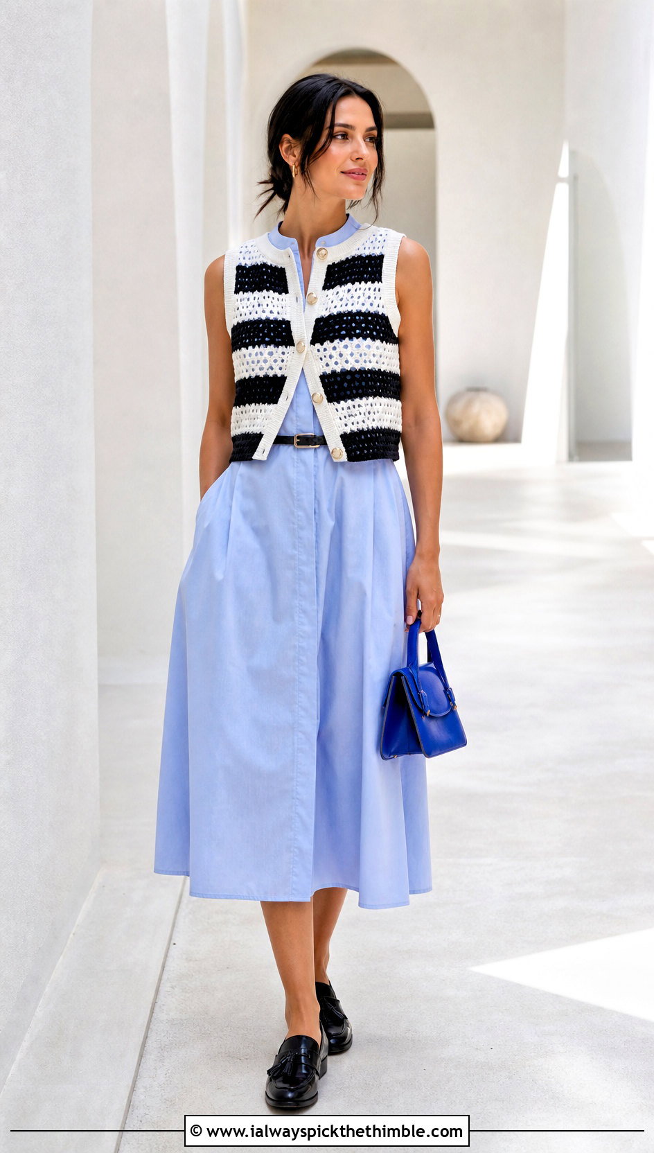 Sleeveless Striped Crochet Sweater With Poplin Dress - 20 black and white striped crochet sweater outfit ideas