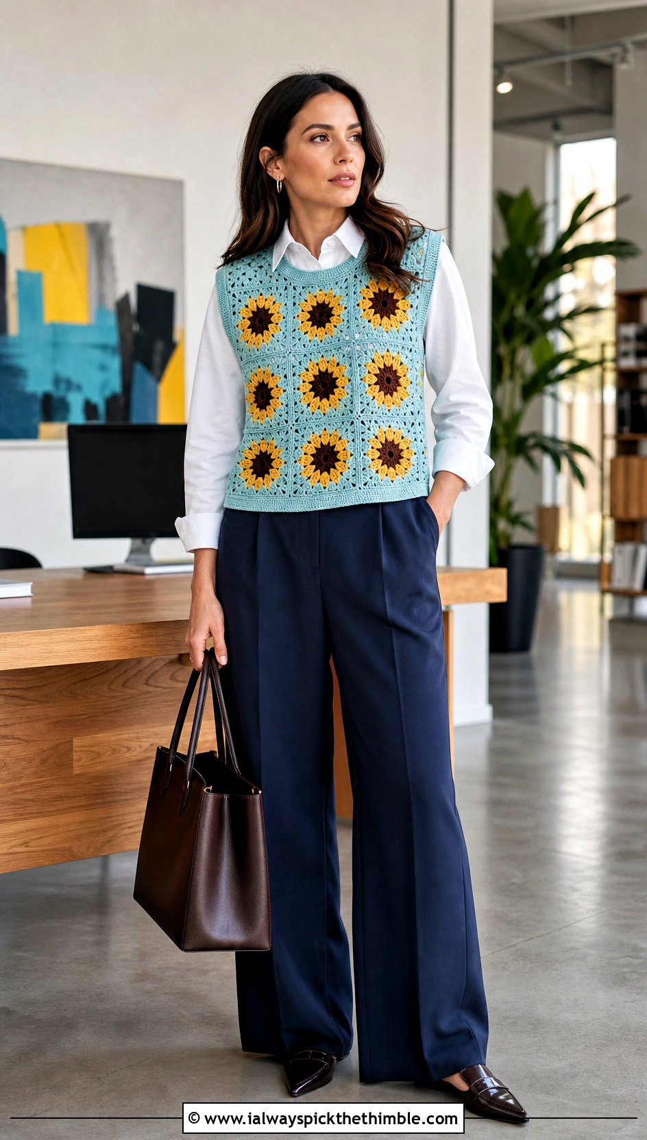 Sleeveless Sunflower Granny Square Sweater With Wide Leg Trousers - 20 sunflower granny square sweater outfit ideas