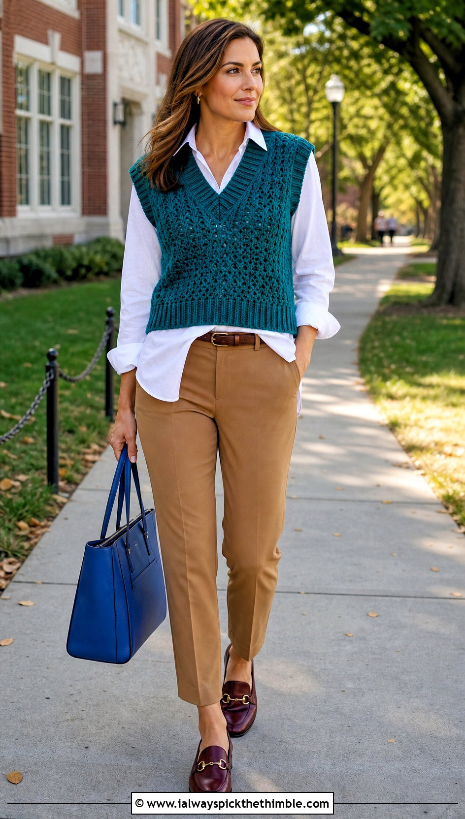 Sleeveless V Stitch Crochet Sweater With White Shirt - 20 V Stitch Crochet Sweater outfit ideas