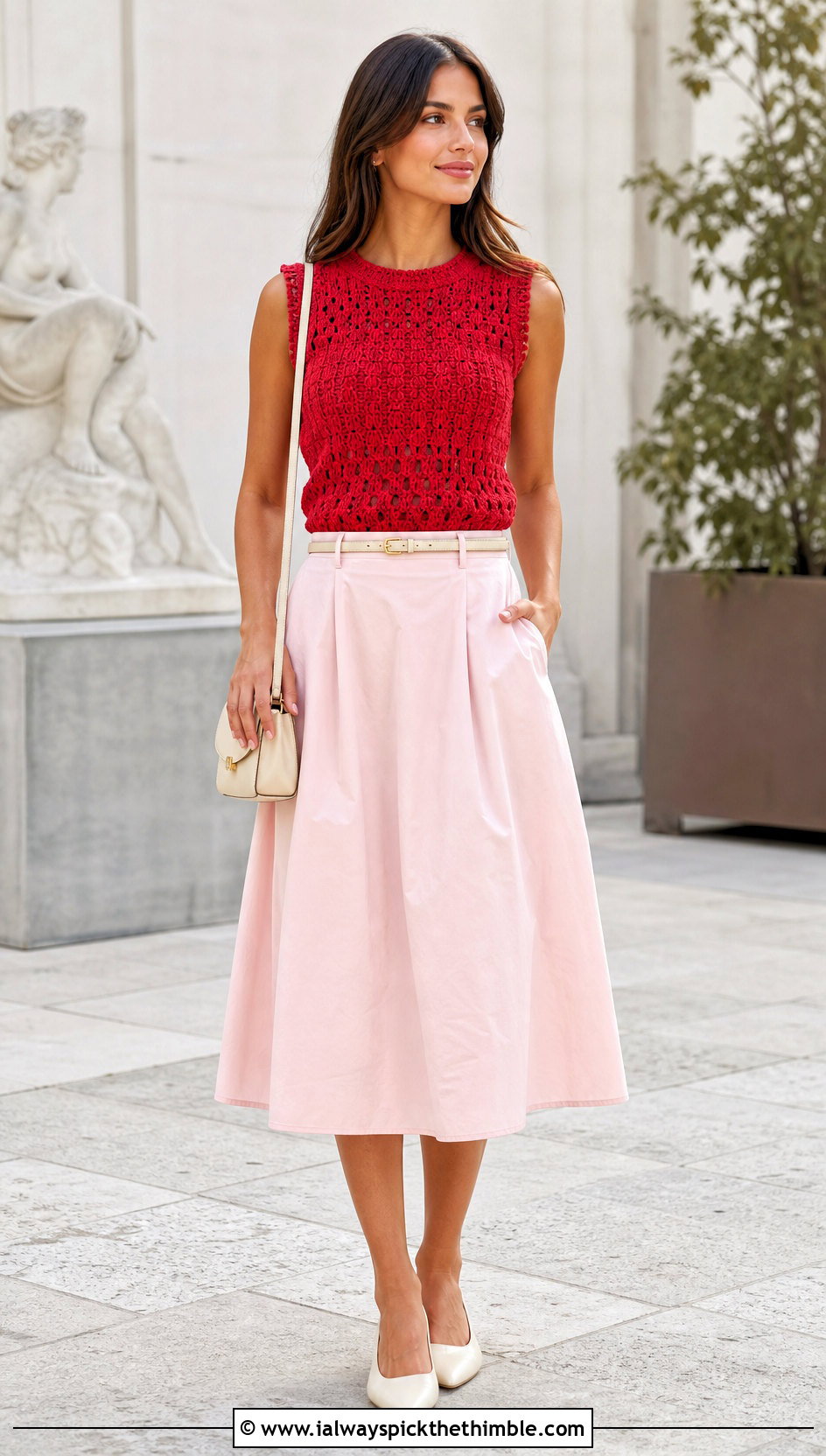 Sleeveless Vera Top With A Line Midi Skirt - 25 crochet vera top outfit ideas