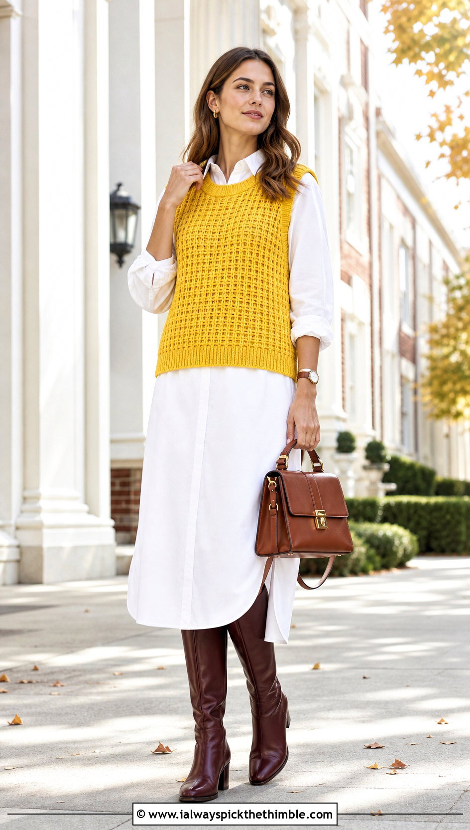 Sleeveless Waffle Stitch Crochet Sweater Vest With Shirtdress - 20 waffle stitch crochet sweater outfit ideas