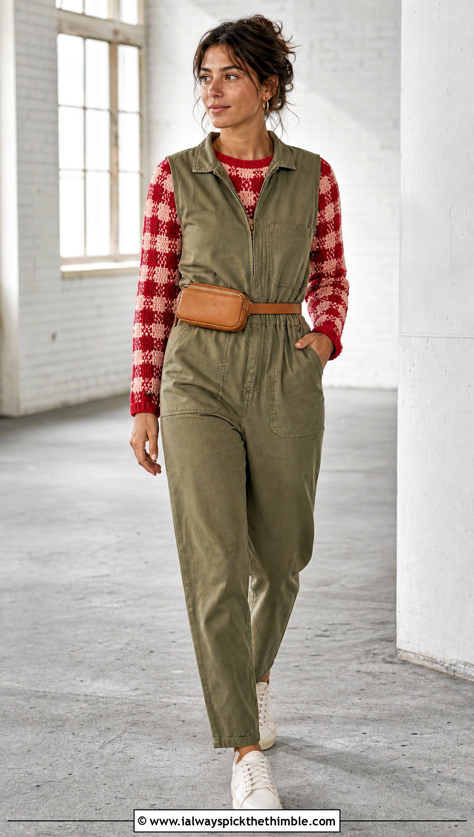Slim Checkered Crochet Sweater With Utility Jumpsuit - 20 checkered crochet sweater outfit ideas