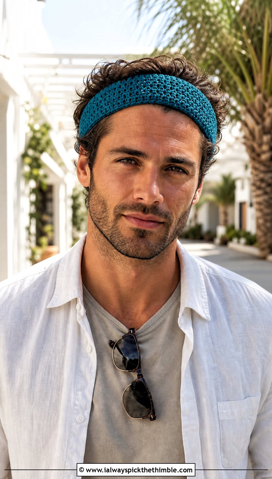 Slim Cotton Crochet Headband With Linen Shirt - 15 Crochet Headband For Men outfit ideas