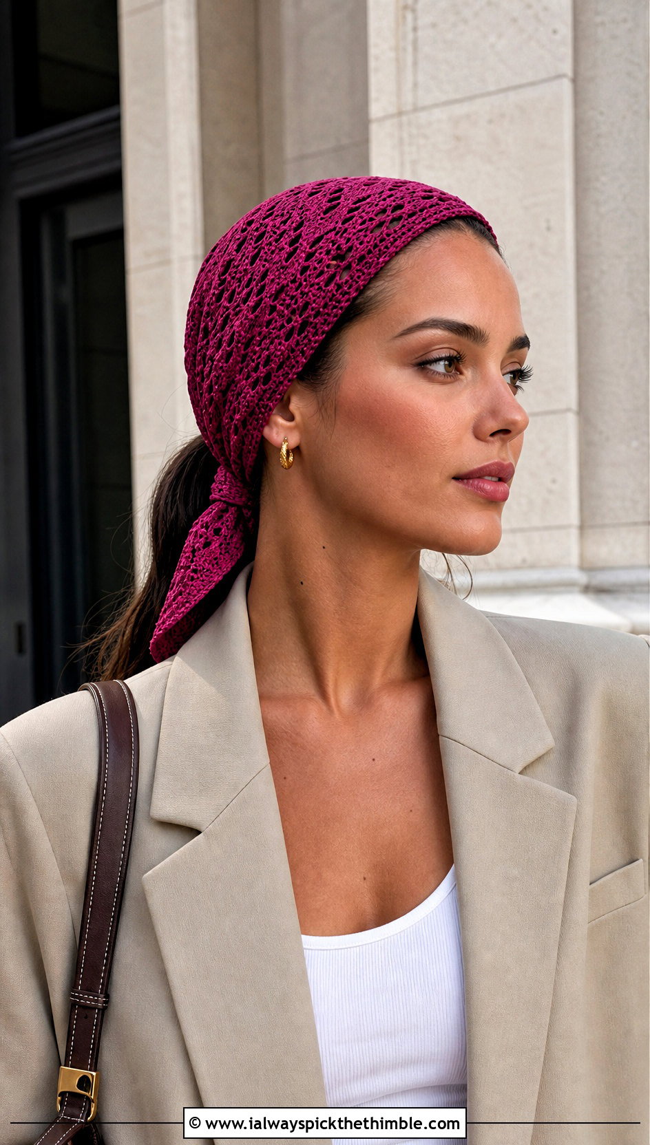 Slim Crochet Hair Scarf With Blazer And Bermuda Shorts - 20 Crochet Boho Head Scarf outfit ideas