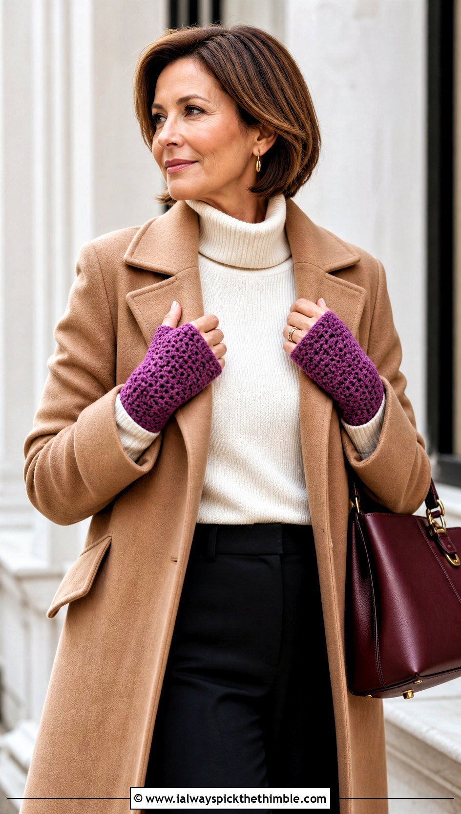 Slim Crochet Wrist Warmers With a Cashmere Coat - 25 crochet fingerless gloves outfit ideas