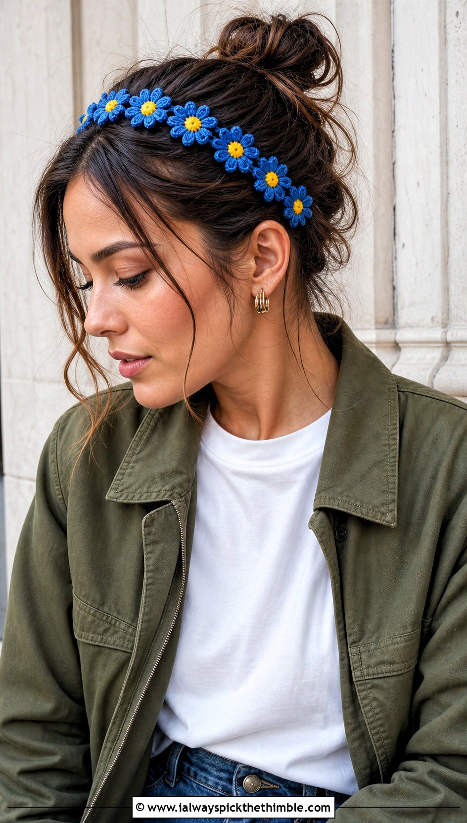 Slim Daisy Chain Crochet Headband With Straight Leg Jeans - 15 daisy flower crochet headband outfit ideas