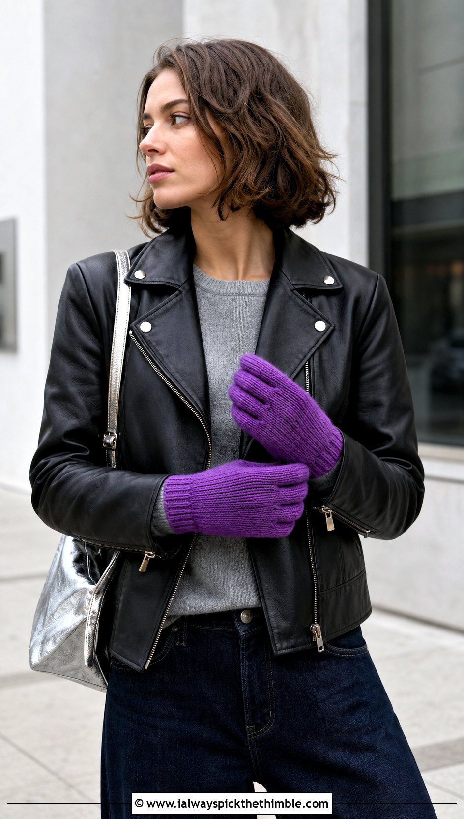 Slim Fit Crochet Ribbed Mittens With Leather Jacket And Wide Leg Jeans - 15 Crochet Ribbed Mittens outfit ideas