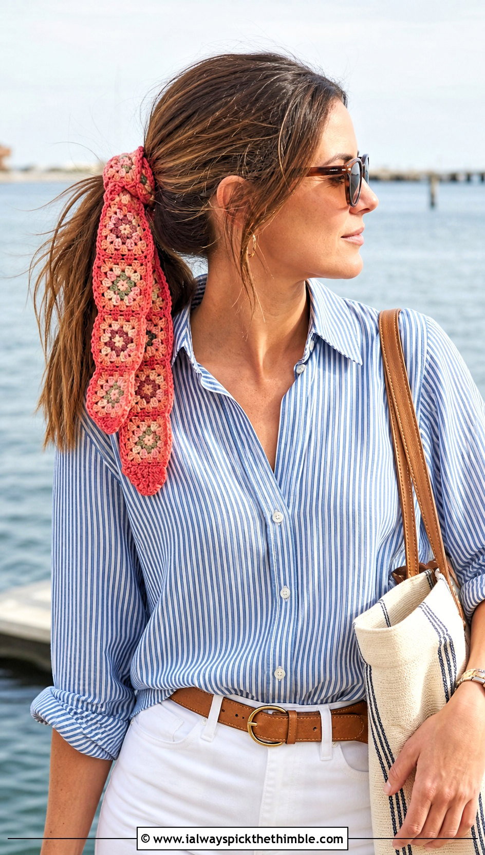 Slim Granny Square Hair Tie Scarf With Striped Shirt And White Jeans - 20 granny square hair scarf outfit ideas