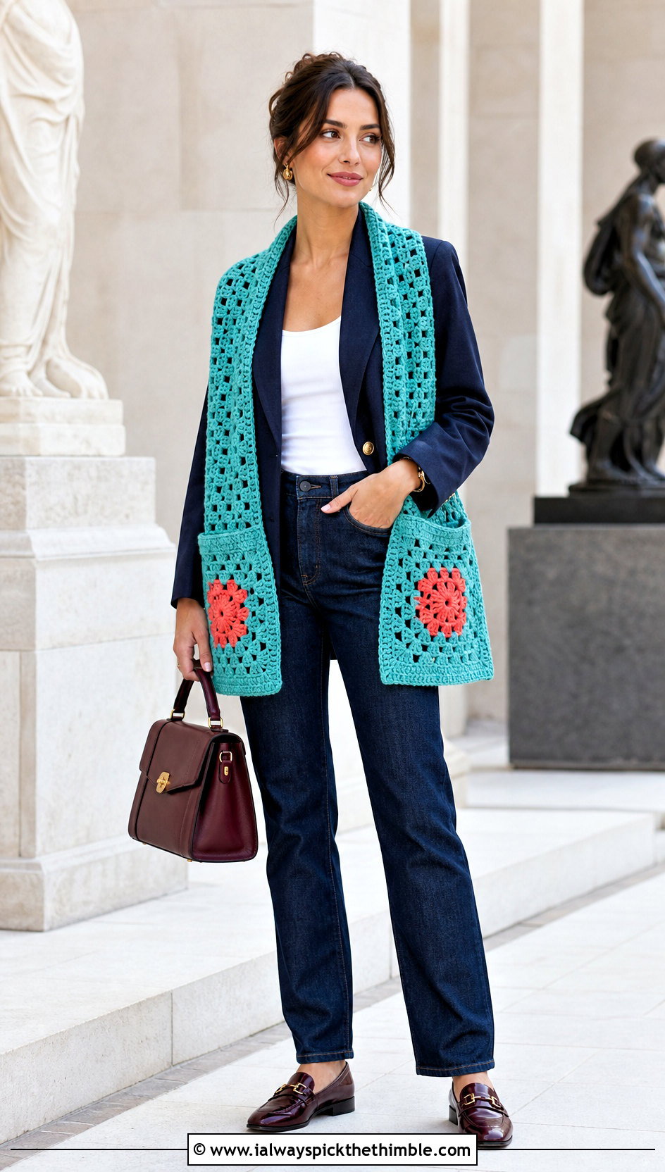 Slim Granny Square Pocket Shawl With Blazer And Jeans - 20 Granny Square Pocket Shawl outfit ideas