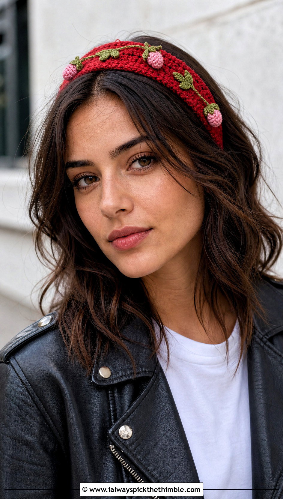 Slim Strawberry Headband With Leather Jacket - 25 Crochet Strawberry Headband outfit ideas