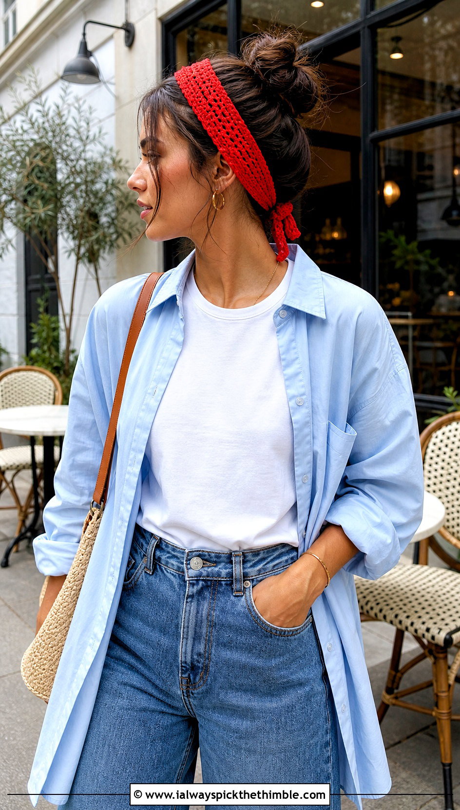 Slim Tie Back Crochet Headband With T Shirt And Wide Leg Jeans - 25 crochet headbands outfit ideas