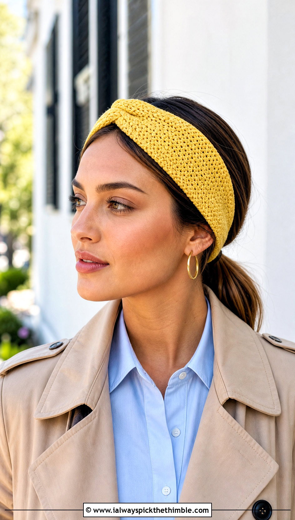 Slim Twisted Knot Crochet Headband With Trench Coat - 15 Twisted Knot Crochet Headband outfit ideas