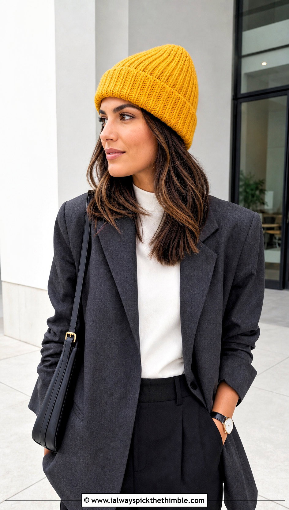 Slip Stitch Ribbed Crochet Beanie With Blazer And Trousers - 20 Crochet Beanie That Looks Like Knit outfit ideas
