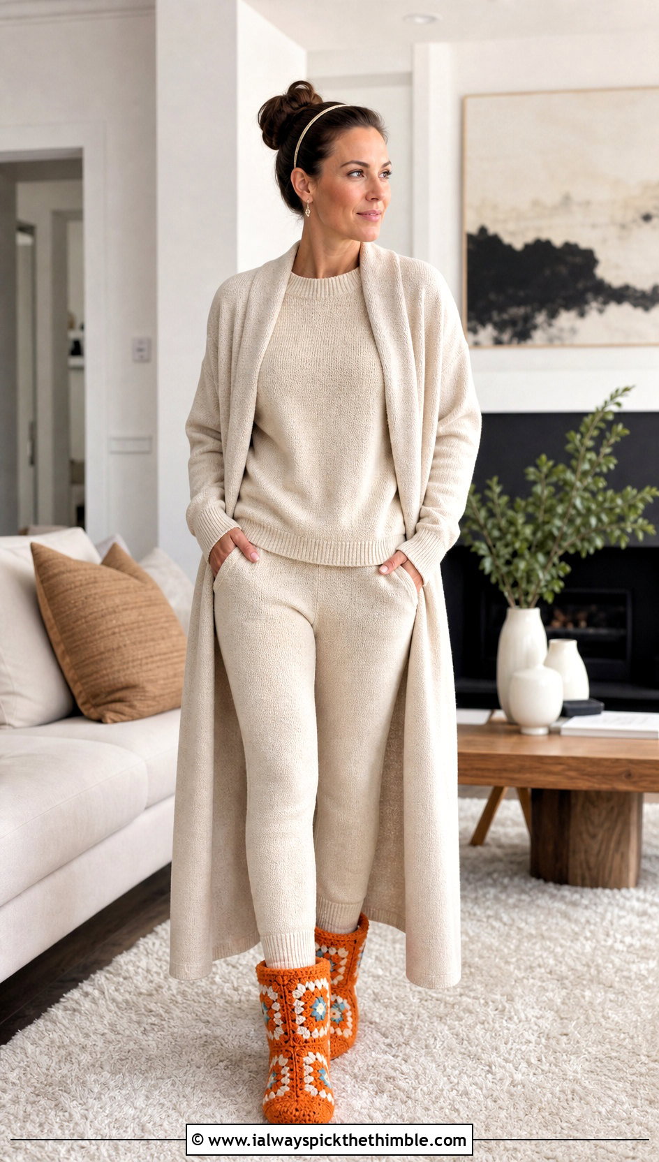 Slipper Granny Square Boots With Knit Lounge Set - 20 granny square boots outfit ideas