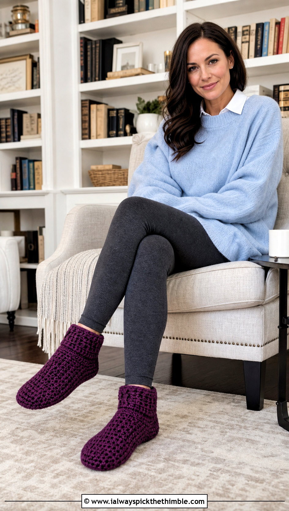 Slipper Sock Rectangle Crochet Slippers With Oversized Sweater - 20 Easy Crochet Slippers From A Rectangle outfit ideas