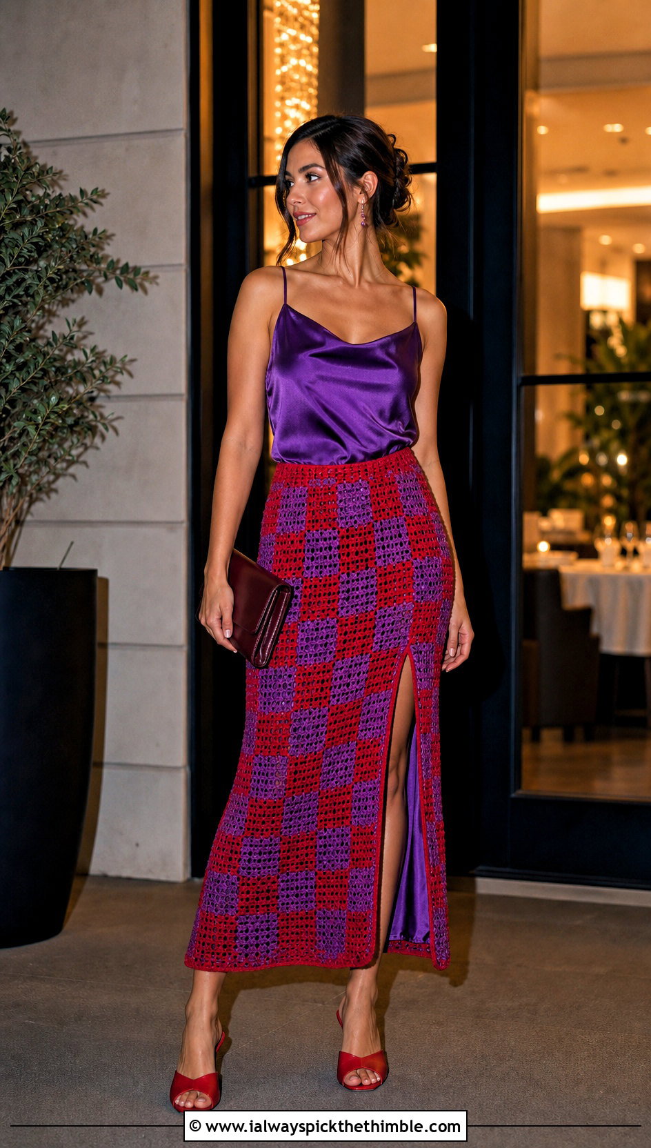 Slit Crochet Checkered Skirt With Satin Camisole - 20 crochet checkered skirt outfit ideas