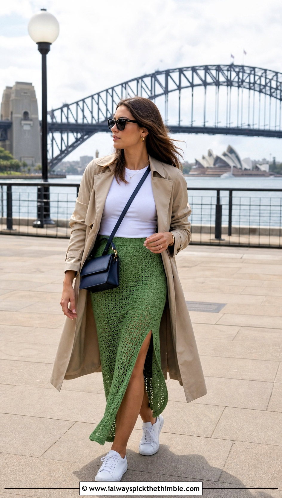 Slit Green Crochet Maxi Skirt With T Shirt And Trench Coat - 25 green crochet skirt outfit ideas