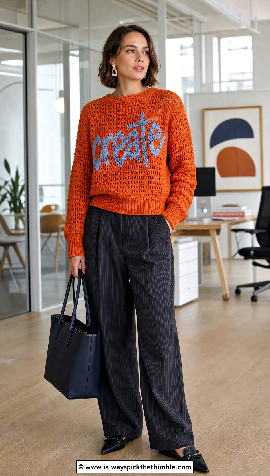 Slogan Crochet Graph Sweater With Pinstripe Trousers - 20 crochet graph sweater outfit ideas