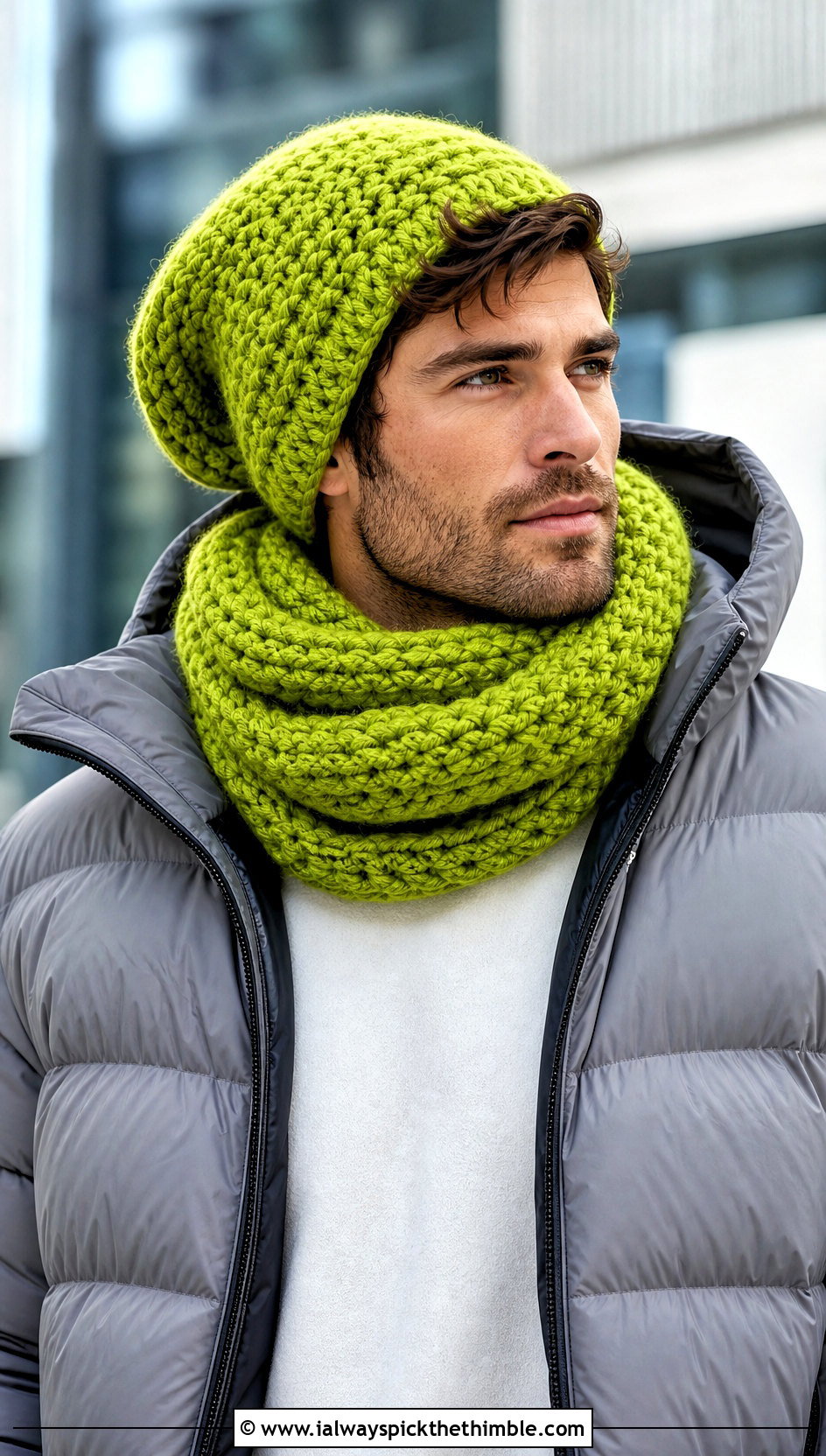 Slouch Beanie And Infinity Scarf With Puffer Jacket - 15 Mens Crochet Hat And Scarf outfit ideas