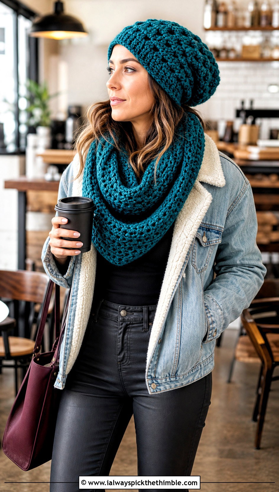 Slouch Crochet Hat And Infinity Scarf With Denim Jacket - 20 Crochet Scarf And Hat Set outfit ideas