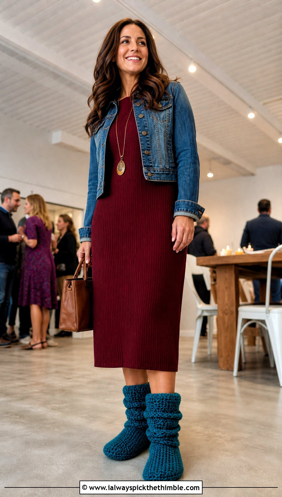 Slouch Crochet Slipper Boots With Midi Dress - 25 crochet slipper boots outfit ideas