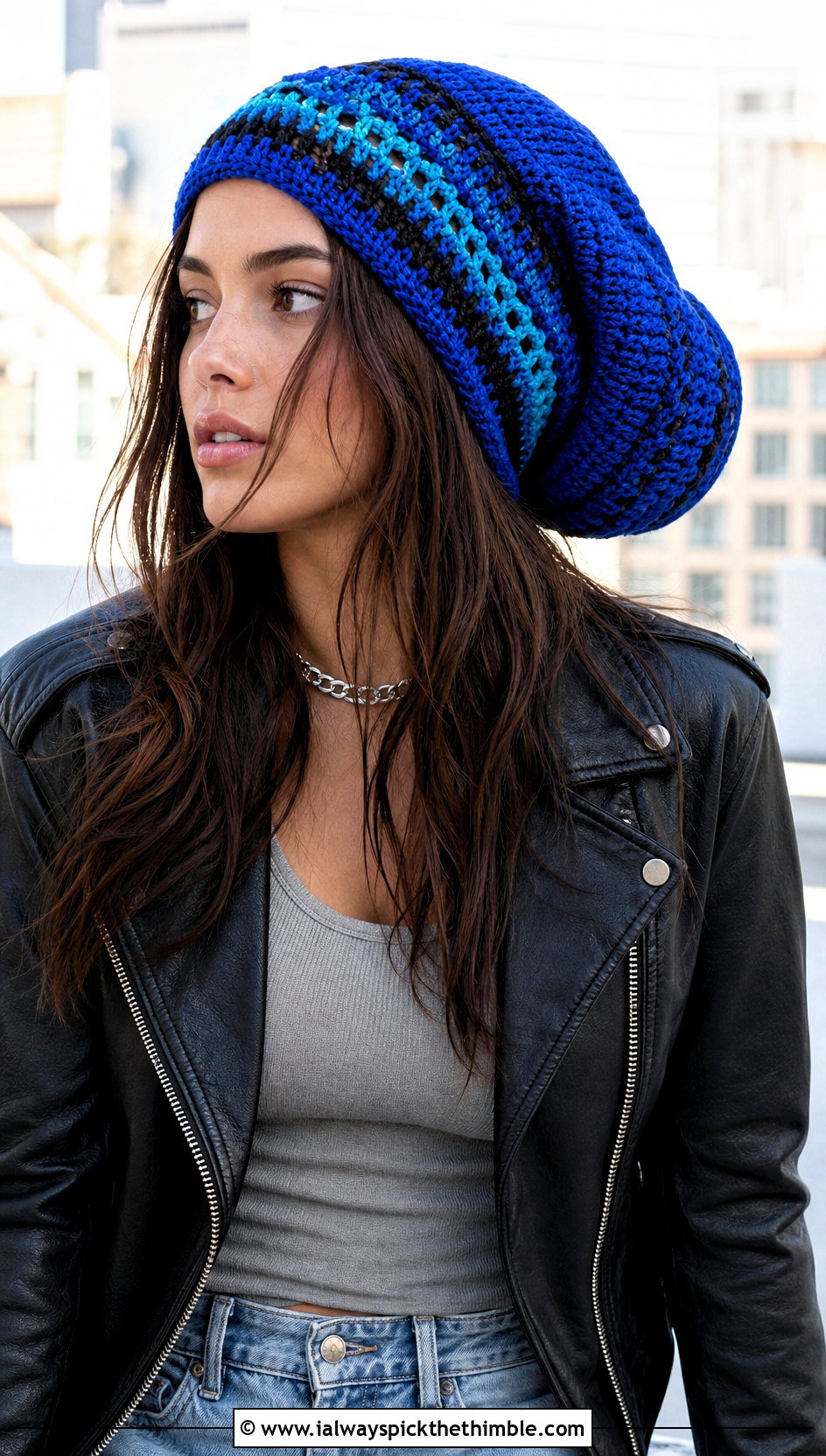 Slouchy Baggy Rasta Beanie With Leather Jacket - 20 crochet rasta beanie outfit ideas