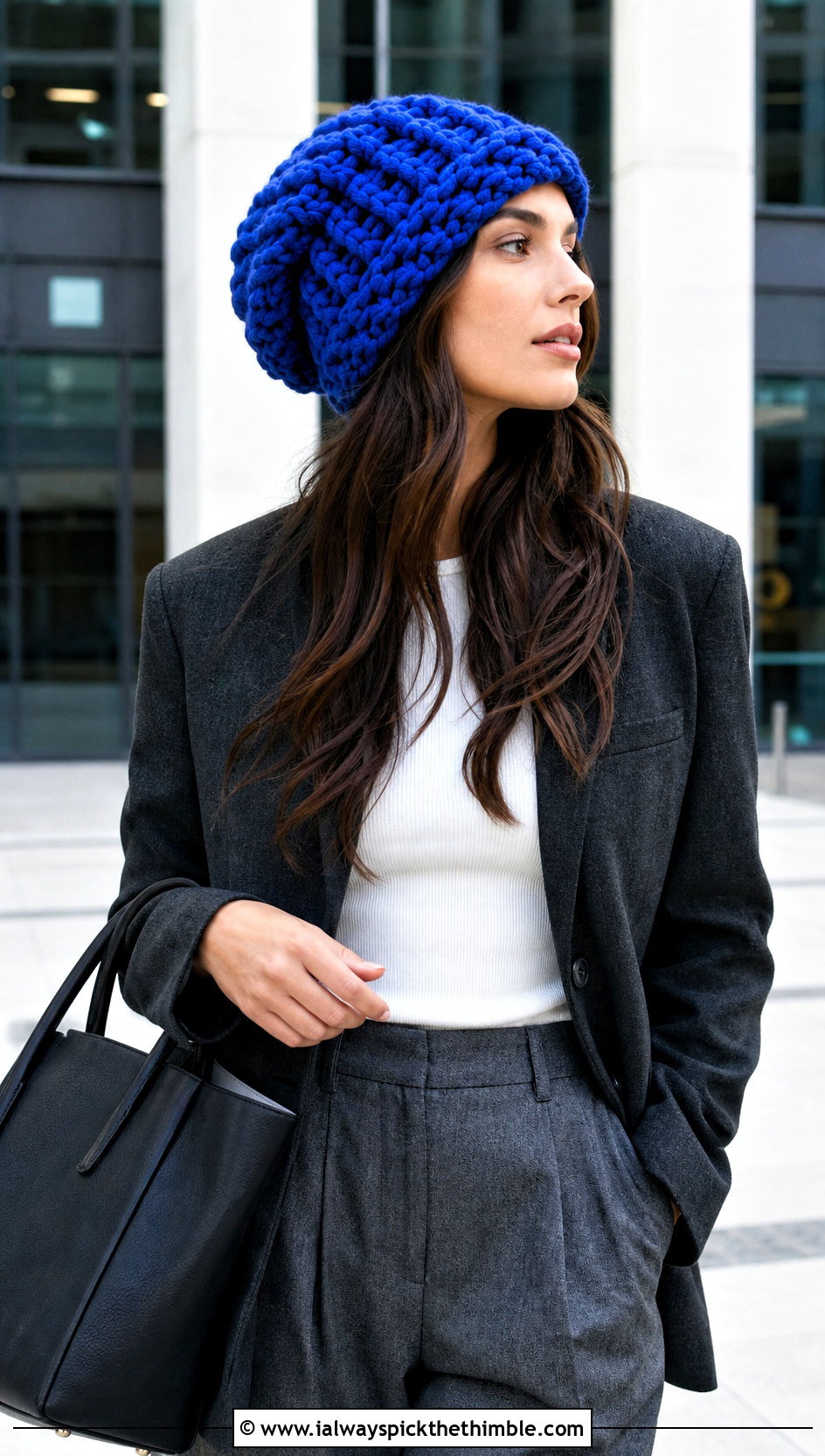 Slouchy Beanie With Blazer And Wide Leg Trousers - 15 Crochet Beanie With Super Bulky Yarn outfit ideas