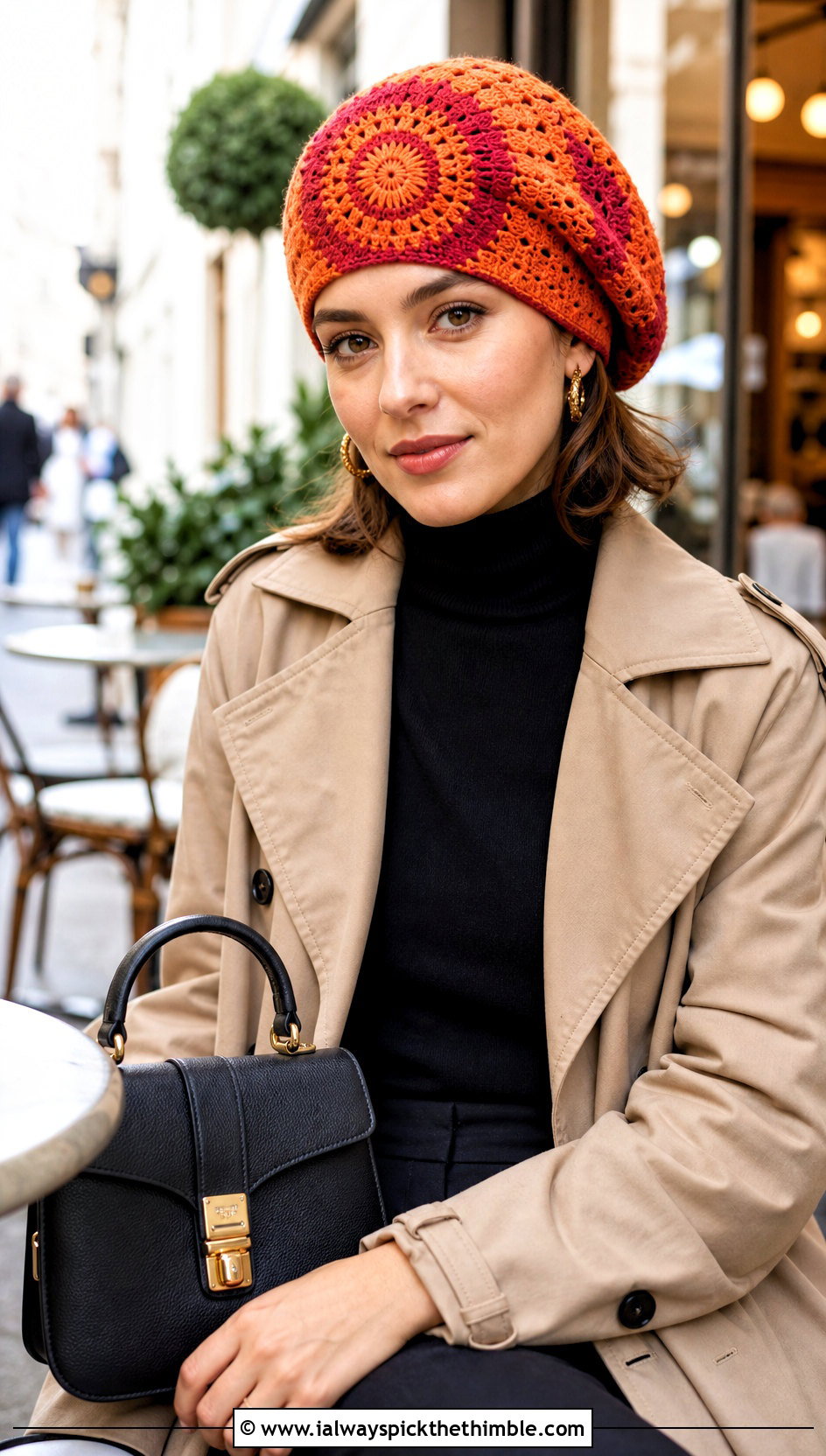 Slouchy Beret Mandala Crochet Beanie With Trench Coat - 20 Mandala Crochet Beanie outfit ideas