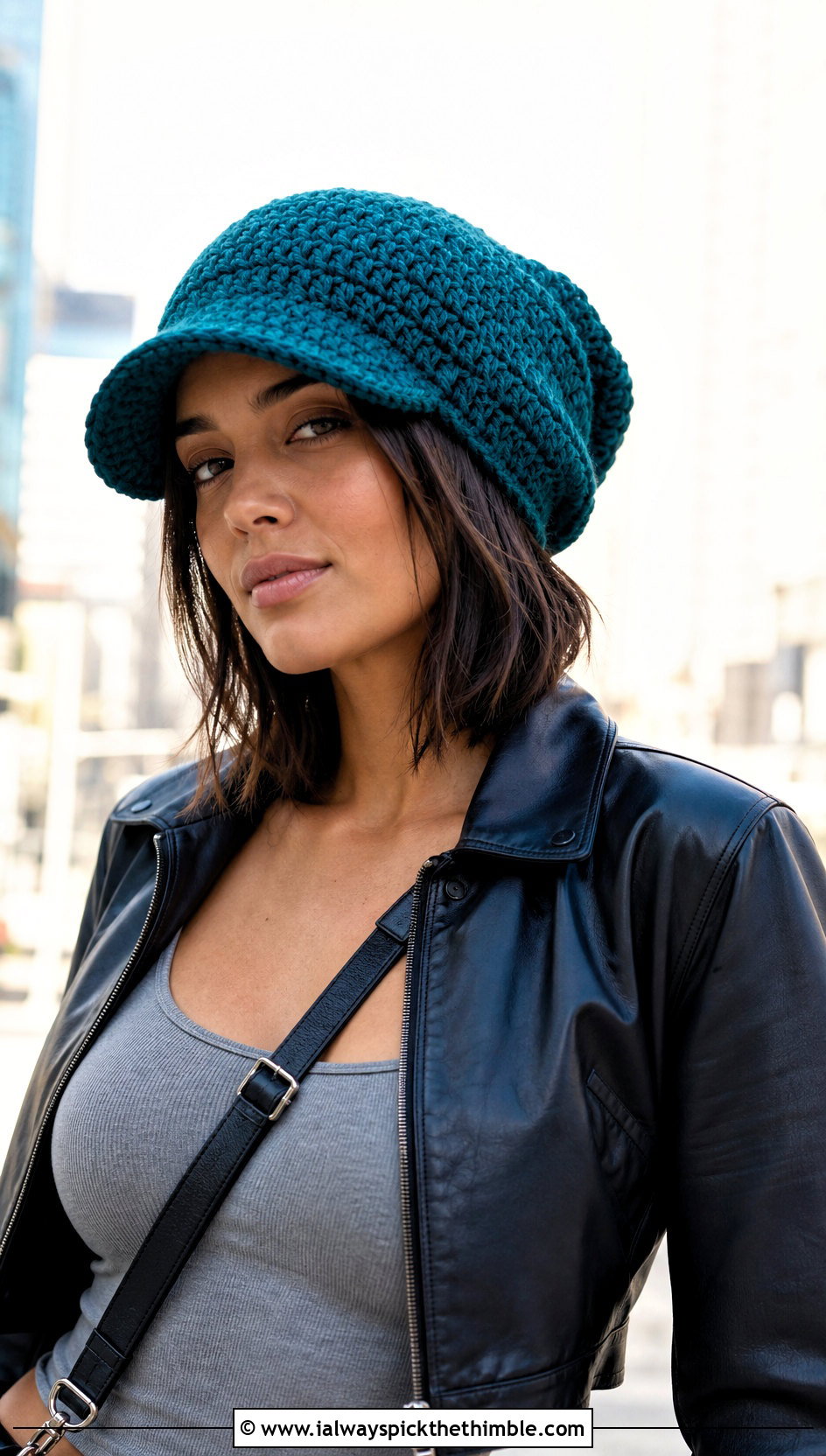 Slouchy Billed Brimmed Crochet Beanie With Leather Jacket - 15 Brimmed Crochet Beanie outfit ideas
