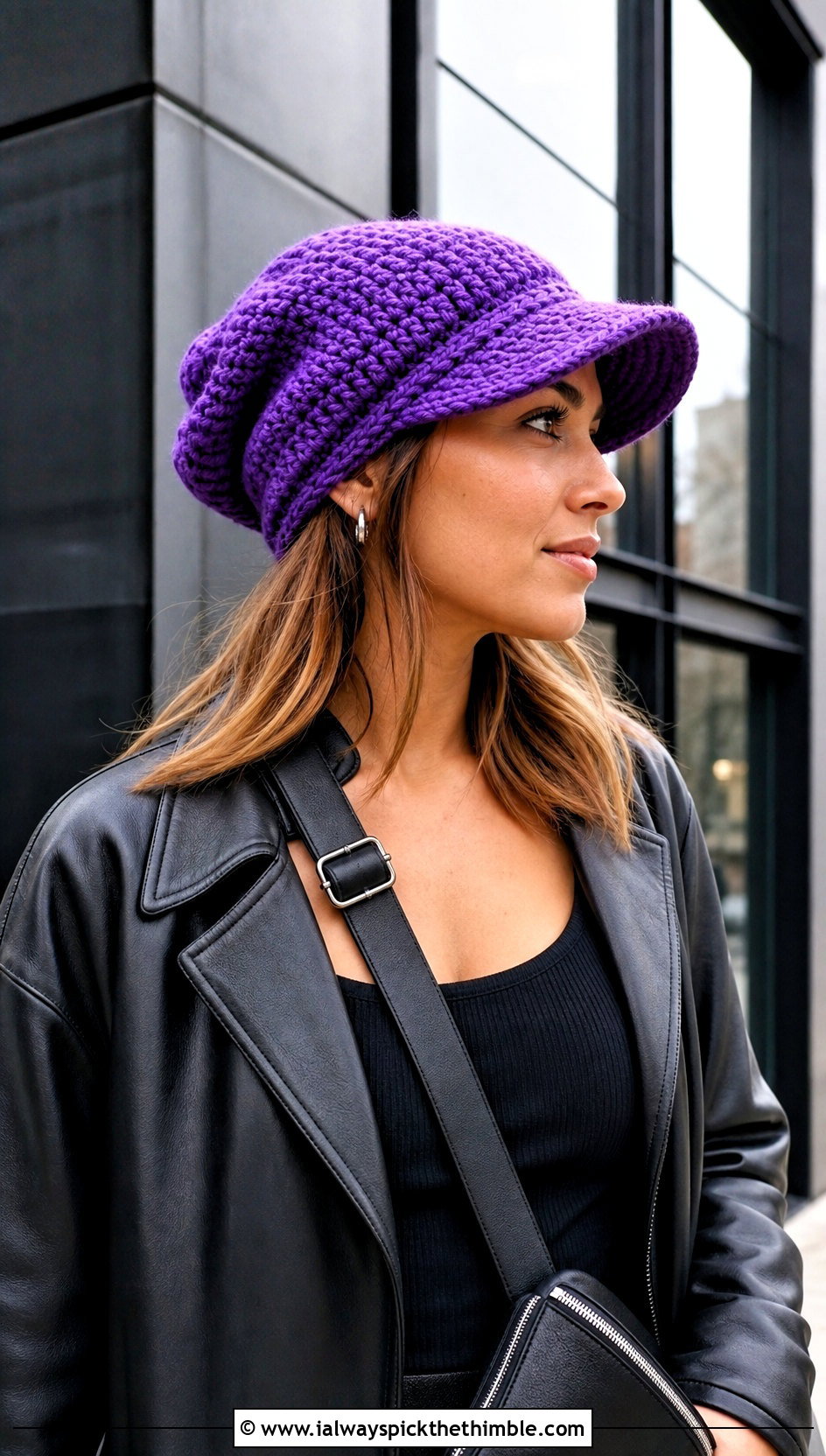 Slouchy Billed Crochet Beanie With Leather Jacket - 20 Crochet Beanie With Brim outfit ideas