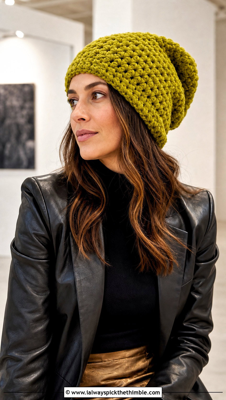 Slouchy Blanket Yarn Crochet Beanie With Leather Blazer - 15 blanket yarn crochet beanie outfit ideas
