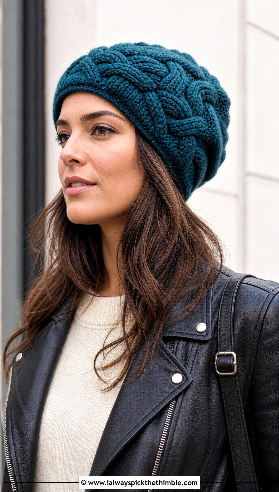 Slouchy Braided Cable Beanie With Leather Jacket - 20 Crochet Cable Stitch Hat outfit ideas