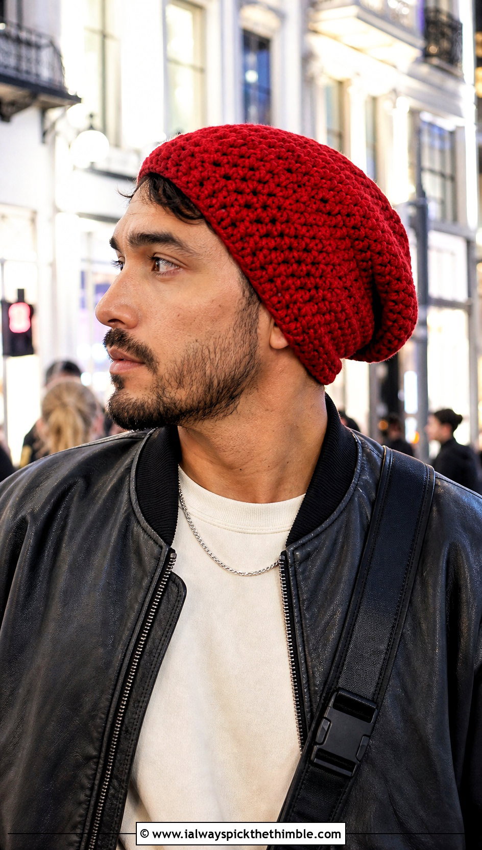 Slouchy Brawny Beanie With Leather Jacket - 15 brawny beanie men's crochet hat outfit ideas