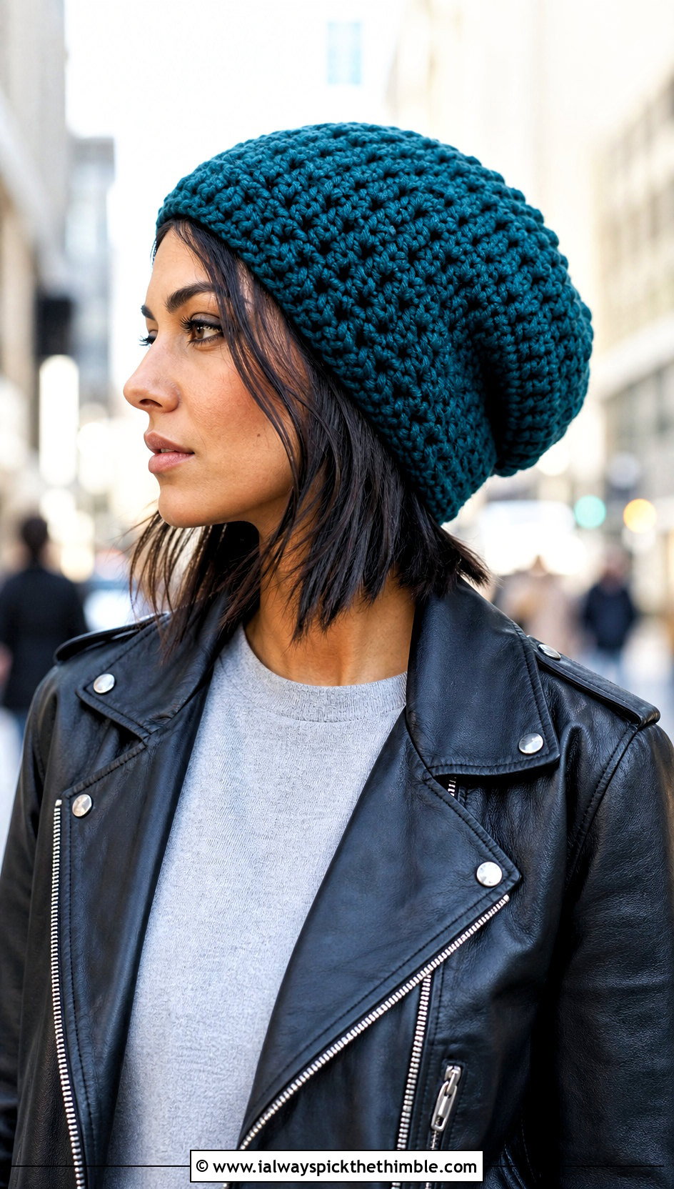Slouchy Bulky Crochet Beanie With Leather Jacket - 15 Easy Bulky Crochet Hat outfit ideas