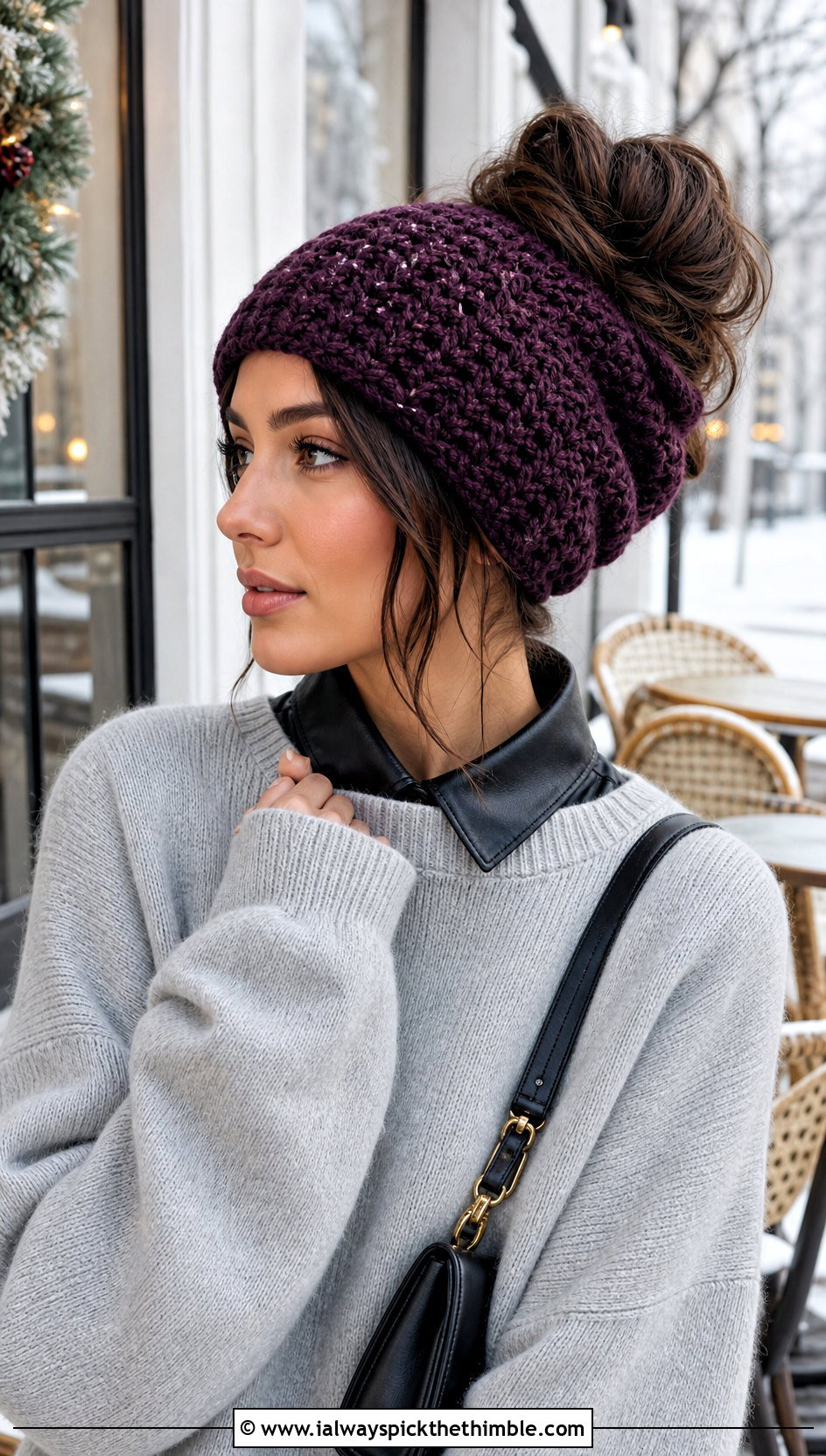 Slouchy Bun Beanie With Oversized Sweater And Faux Leather Leggings - 25 crochet bun hat outfit ideas