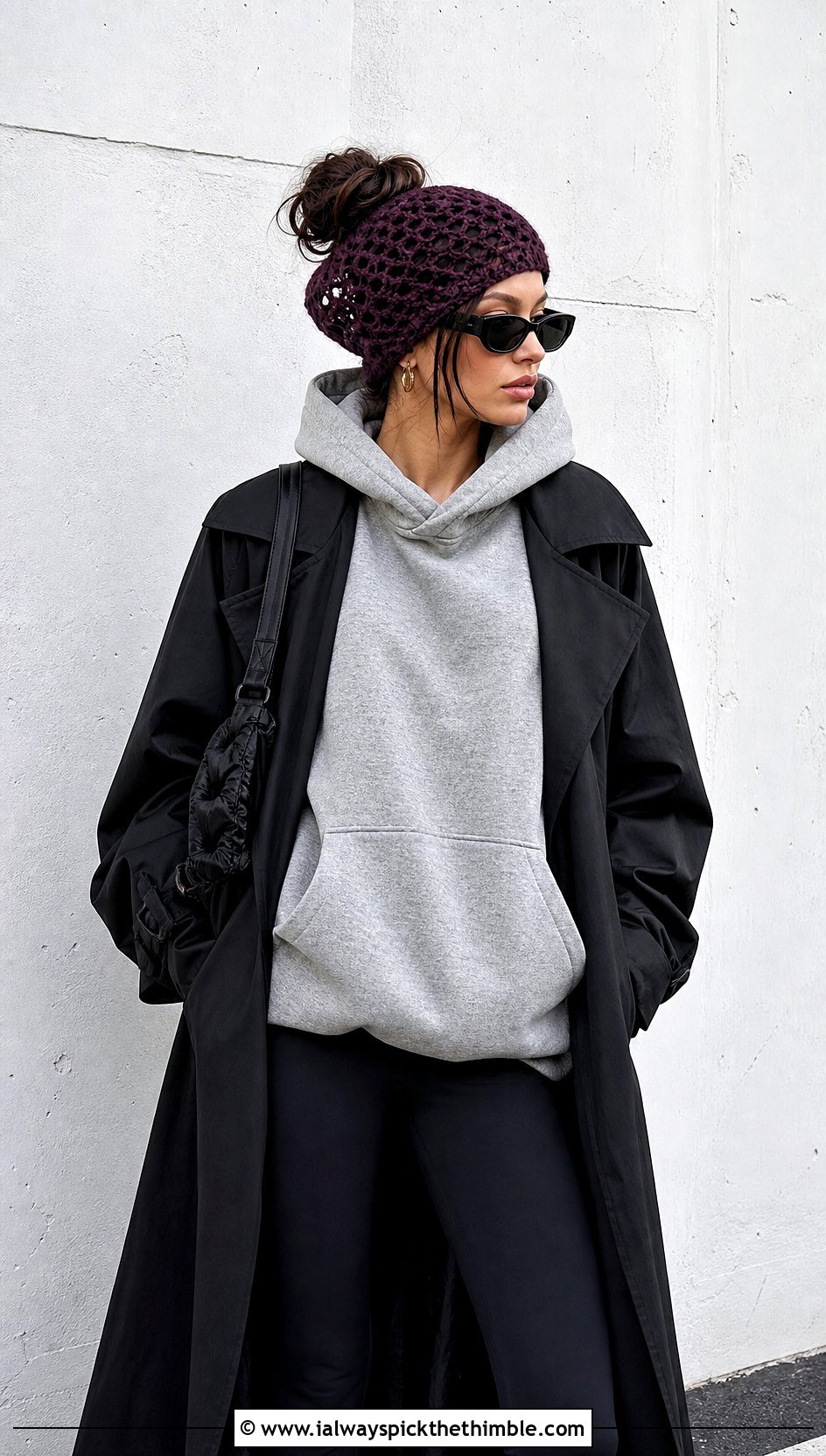 Slouchy Bun Crochet Hat With Oversized Hoodie - 15 bun crochet hat outfit ideas