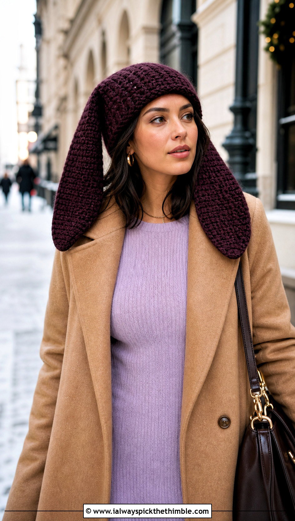 Slouchy Bunny Ear Beanie With Maxi Coat And Knit Dress - 15 Sincerity Is Scary Crochet Hat outfit ideas