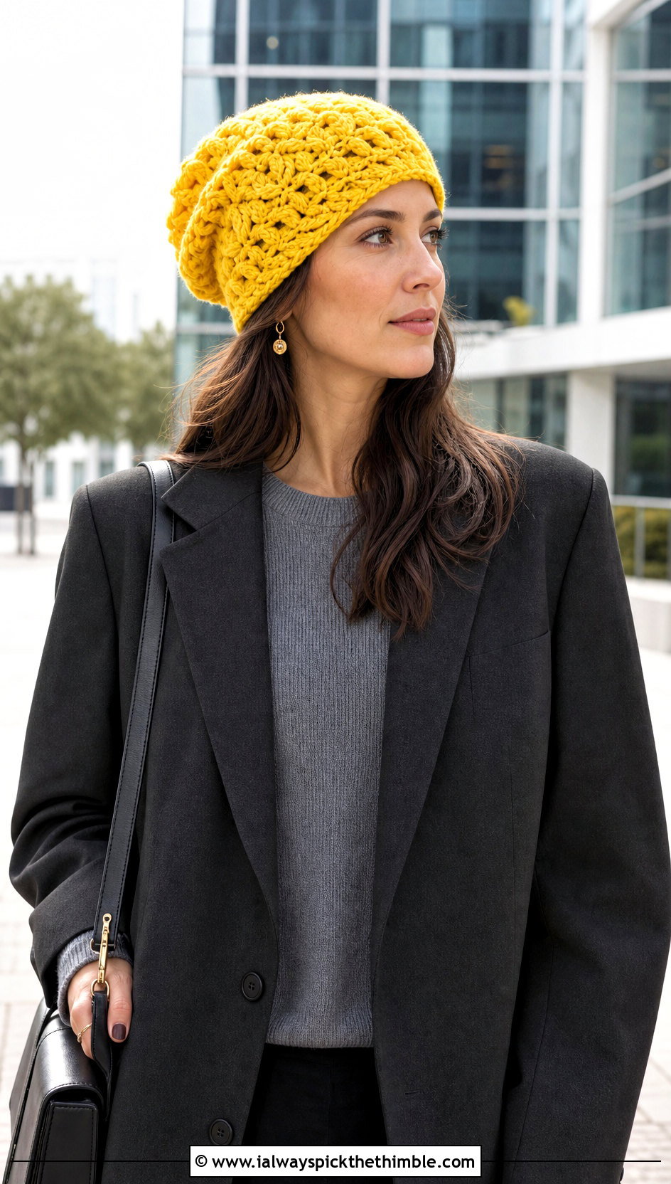 Slouchy Burst Crochet Beanie With Oversized Blazer - 15 burst crochet beanie outfit ideas