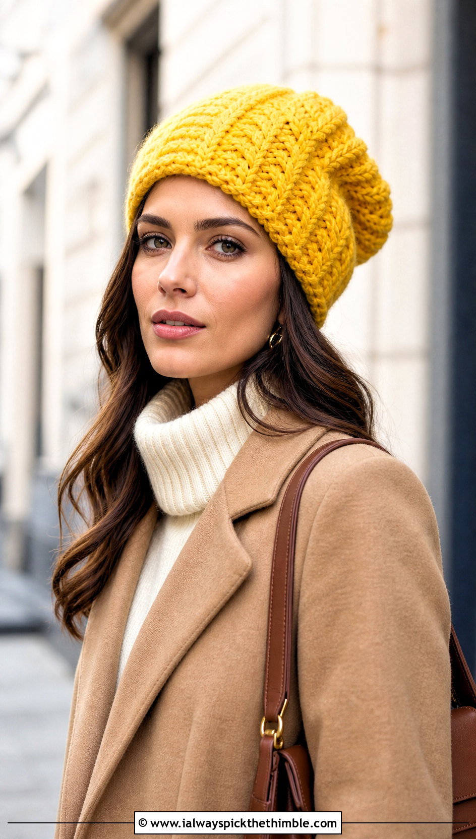 Slouchy Cable Crochet Hat With Tailored Coat - 20 Cable Crochet Hat outfit ideas