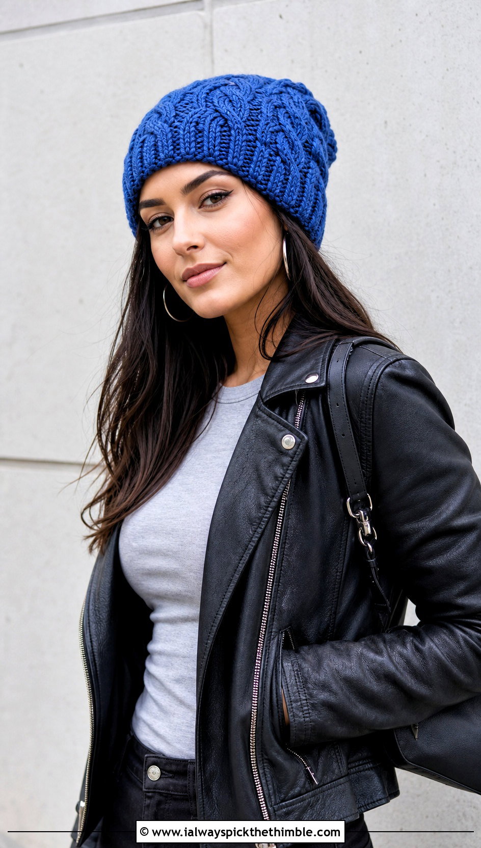 Slouchy Cable Stitch Beanie With Leather Jacket - 20 Crochet Cable Stitch Beanie outfit ideas