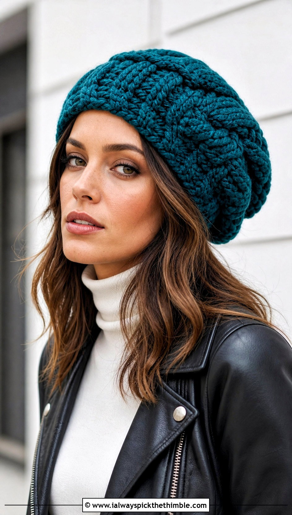 Slouchy Cable Twist Beanie With Leather Jacket - 15 Crochet Cable Twist Hat outfit ideas