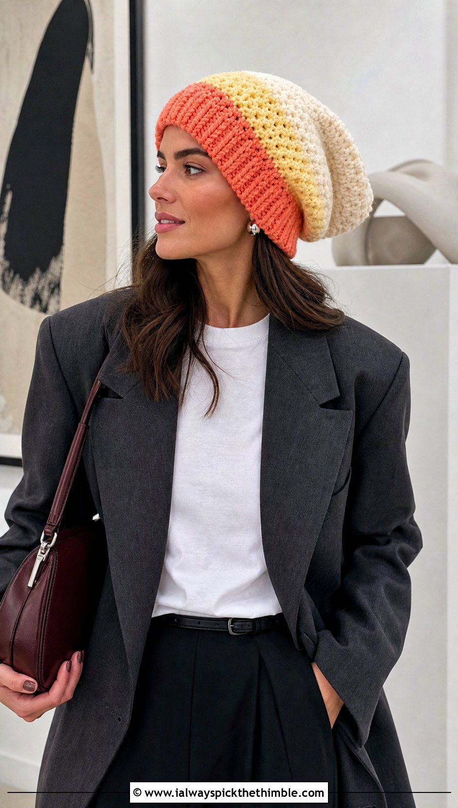 Slouchy Candy Corn Crochet Beanie With Oversized Blazer - 15 candy corn crochet beanie outfit ideas